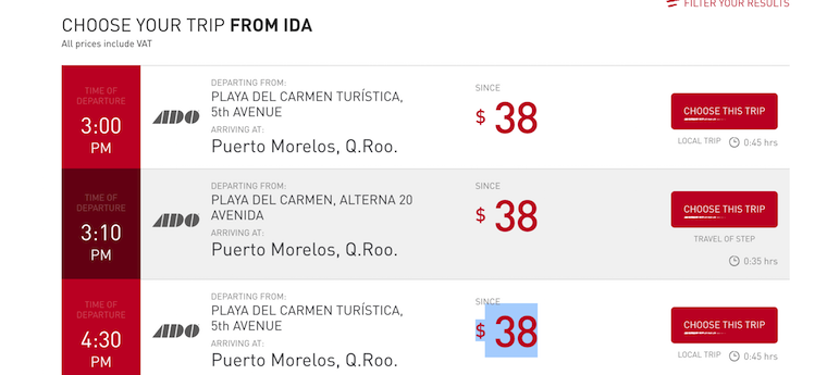 Puerto morelos bus timetable for the ADO service. 