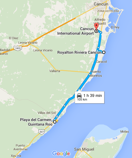 Map of cancun international airport to playa del carmen Quintana Roo