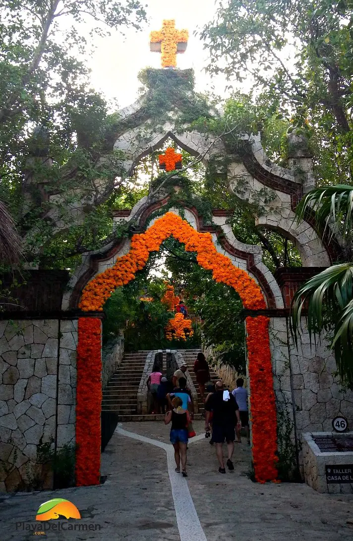 Xcaret Entrance decorated with orange ans red flowers