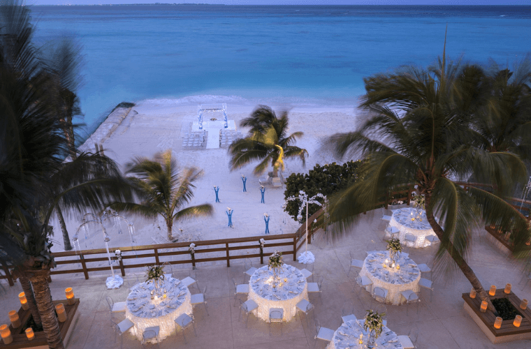 aerial view of the beach wedding setup at Grand Fiesta Americana Coral Beach 