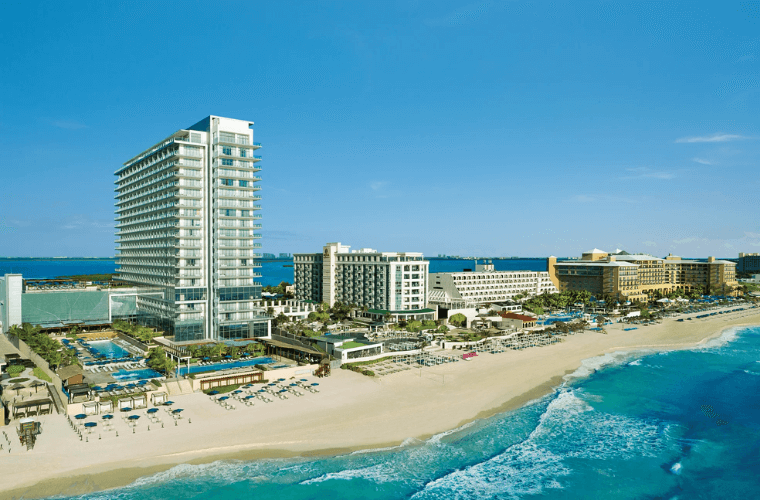 aerial view of Secrets the Vine Cancun, the beach, and the Caribbean Sea