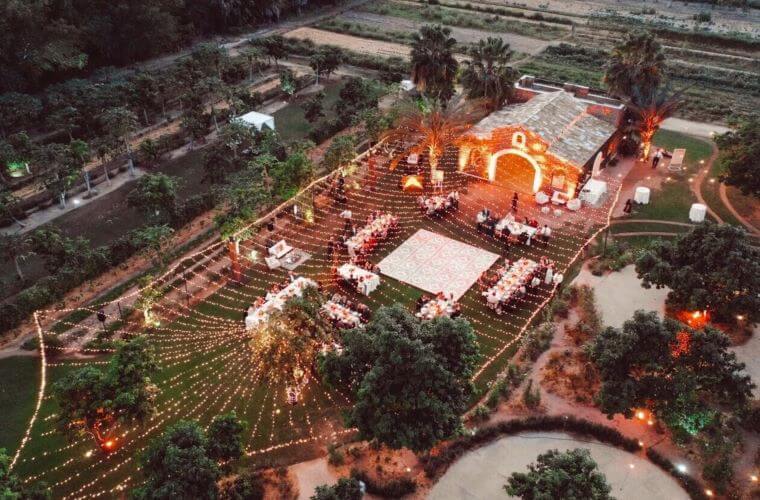 aerial view of Flora Farms with lighting for a celebration 