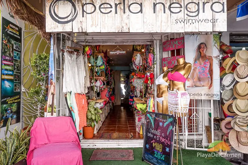 In front of Perla Negra swimwear in Playa del Carmen