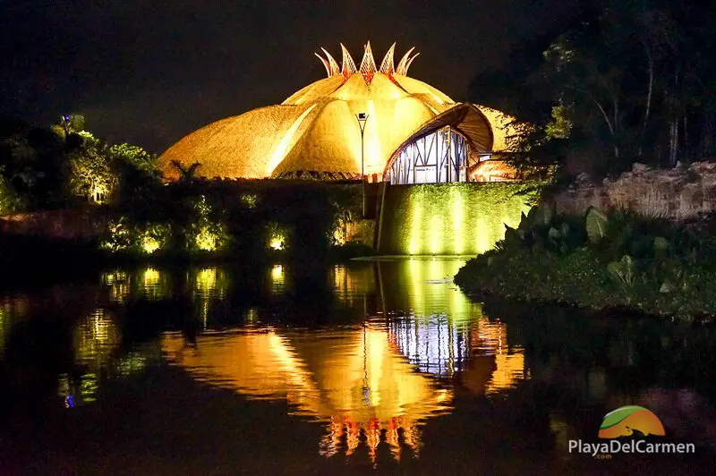 Exterioir view at night of the Cirque Du Soleil theater in Mexico's Riviera Maya