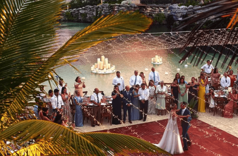 wedding guests and the wedding couple at a destination wedding