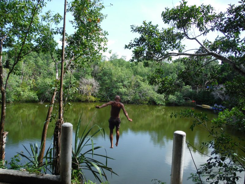 Someone jumping in lagoon