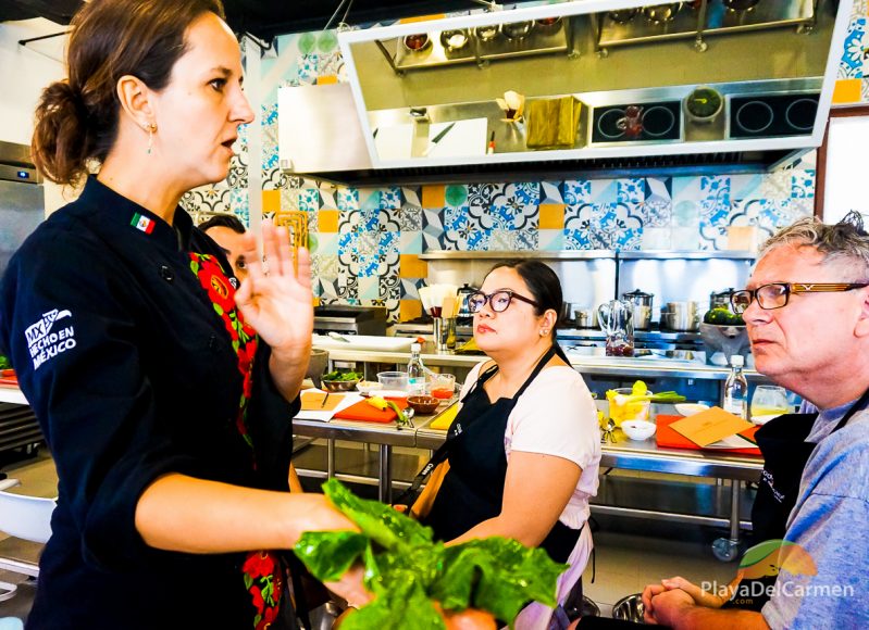 Chef Karla Enciso explains chaya at El Pueblito Cooking School