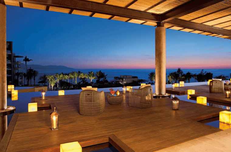 lobby area at Dreams Vallarta at sunset