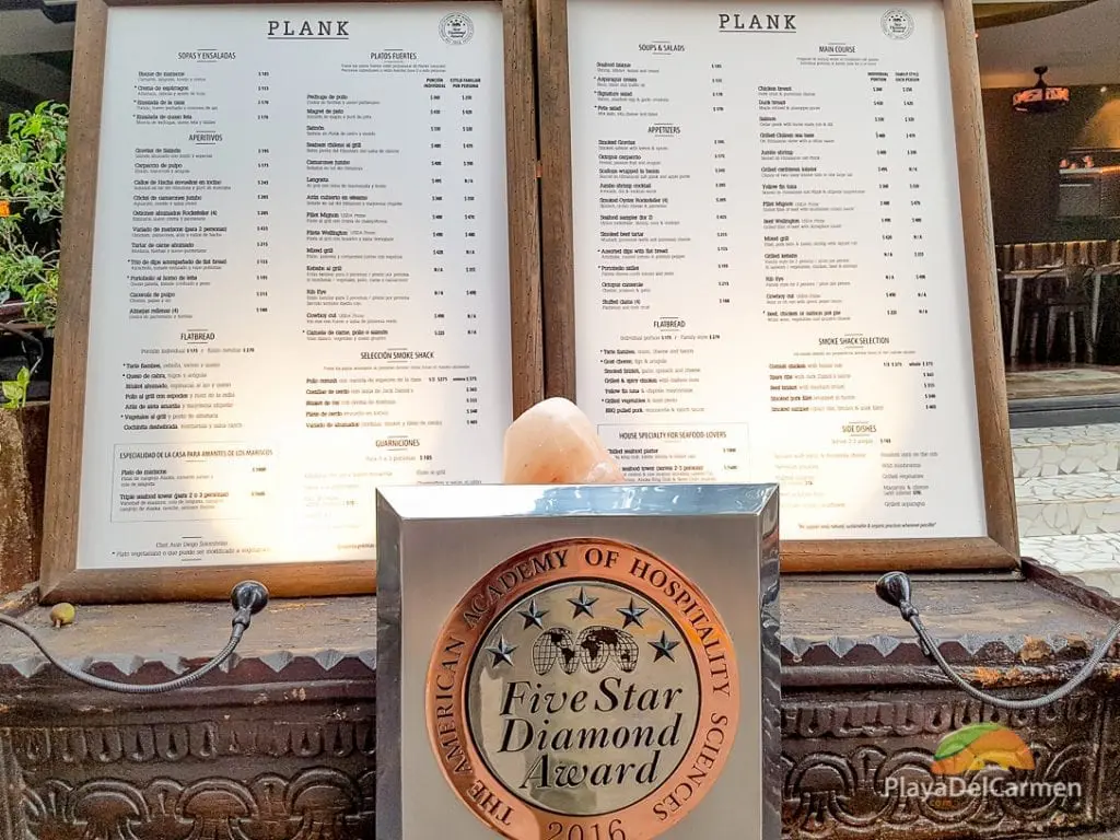 Playa del Carmen restaurant: Plank 5-star Diamond Award