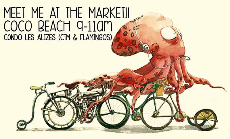 Coco Beach eco market poster with pink squid
