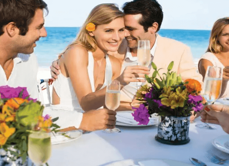 a wedding couple and guests making a toast