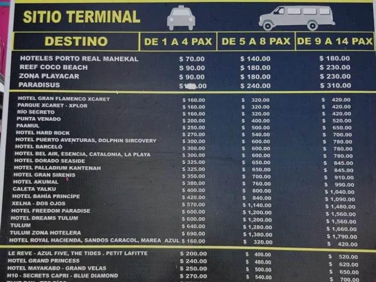 Cozumel Taxi Fare Chart