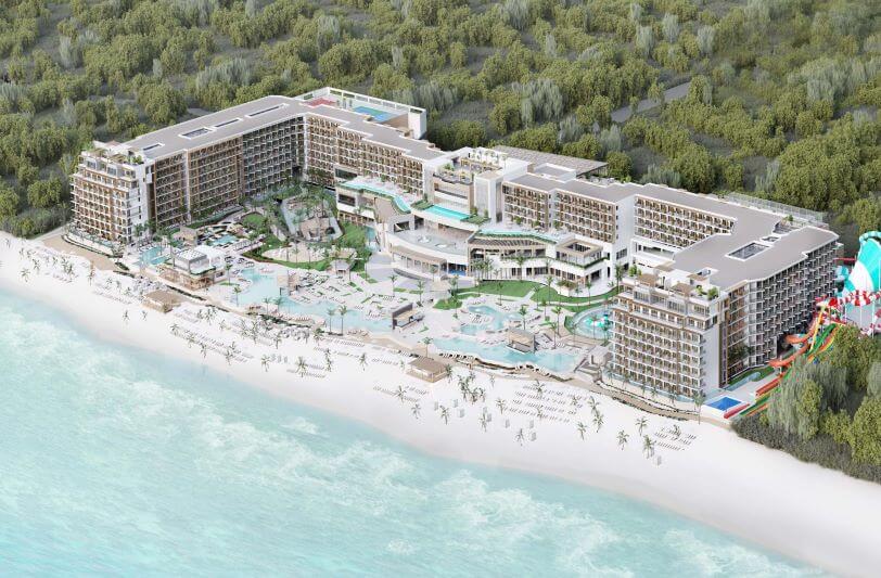 artist rendering of an aerial view of Royalton S[plash Riviera Cancun