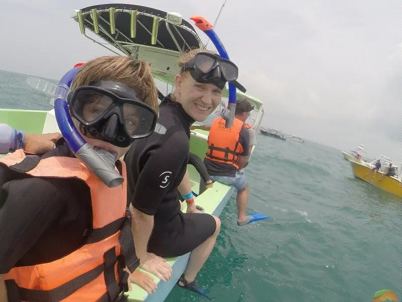 Mother and son scuba diving