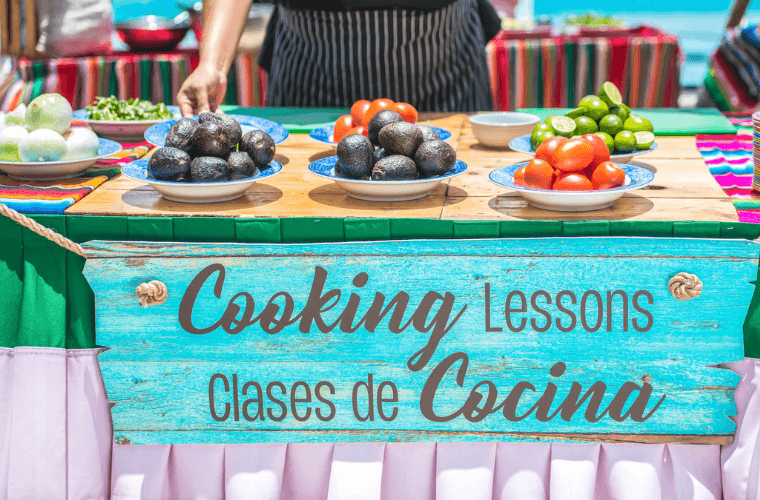 an advert for cooking lessons at Wyndham Alltra Cancun with dishes displayed 
