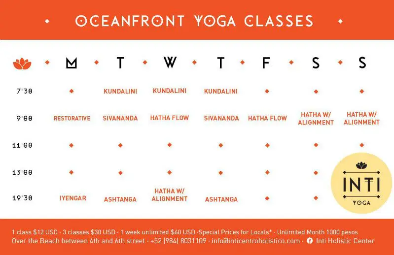 yoga classes schedule on calendar for the inti beach club