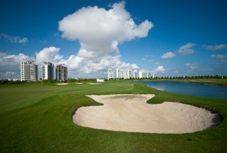Sand trap overlooking Cancun's Hotel Zone at Puerto Cancun golf course